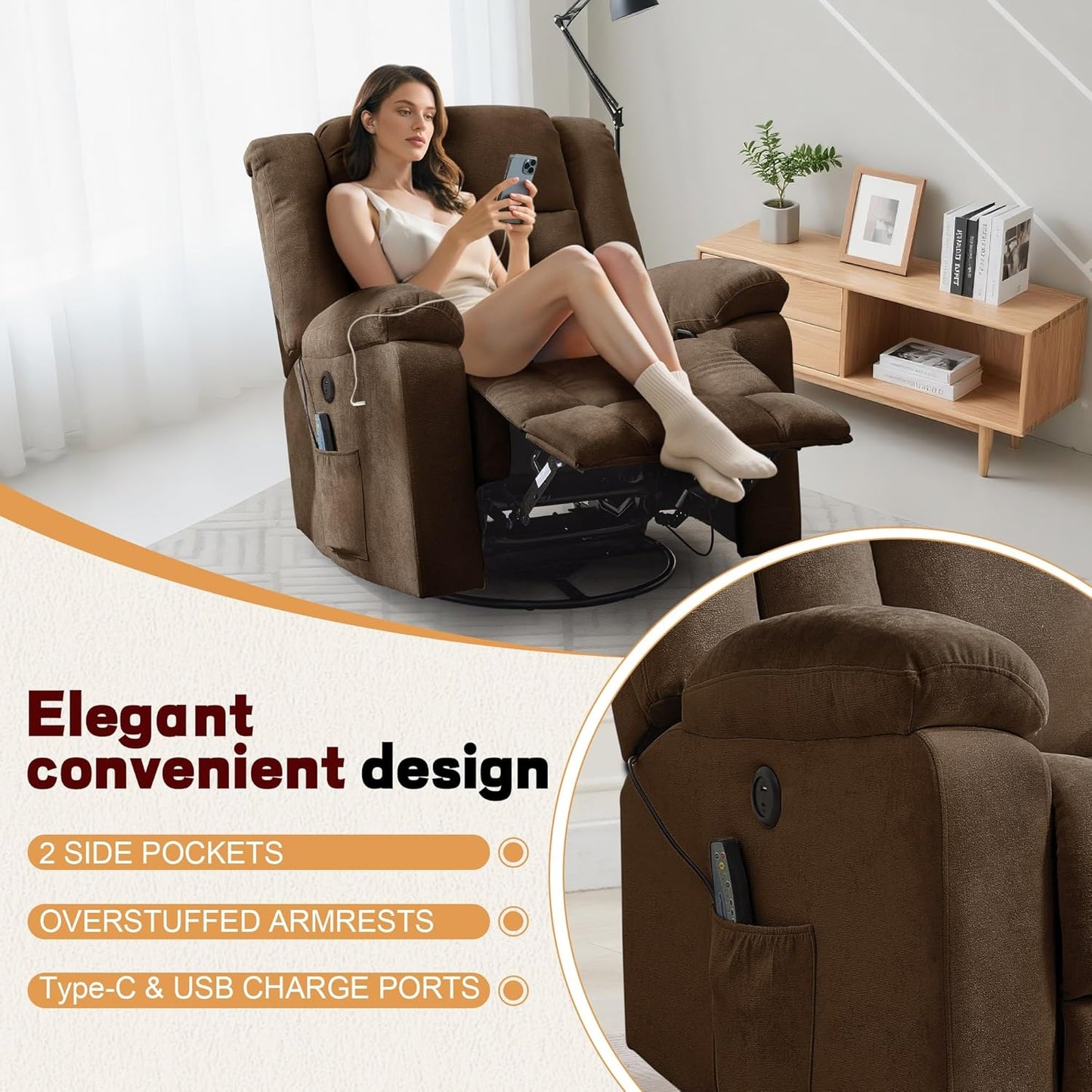 Adult rocking chair, gliding recliner, 360° rotating rocking chair with massage and heating function