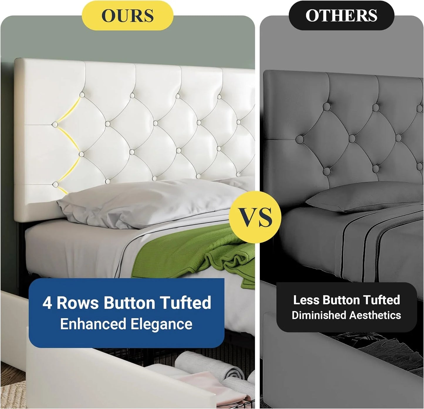 Allewie Upholstered Queen Size Platform Bed Frame with 4 Storage Drawers and Headboard, Square Stitched Button Tufted, Mattress Foundation with Wooden Slats Support, No Box Spring Needed