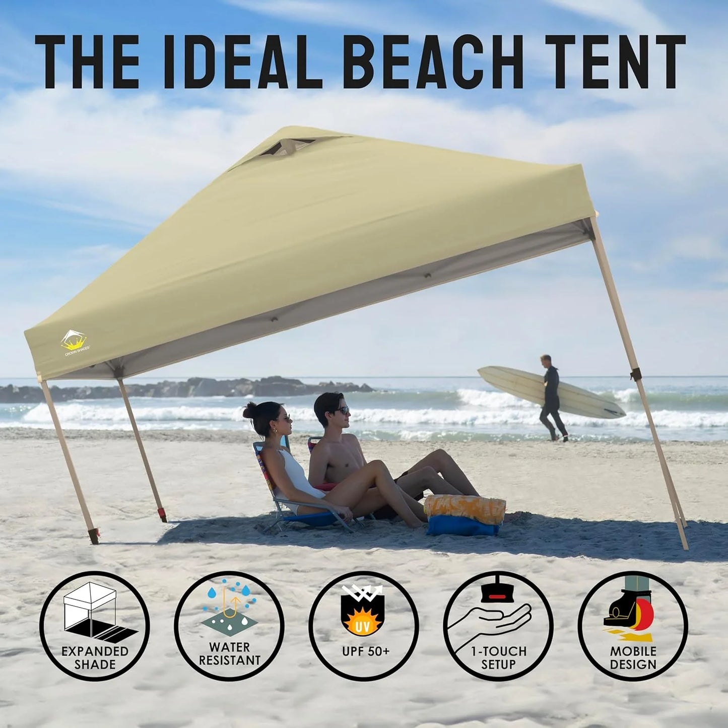 10x10 Pop-Up Awning - One-Click Installation Beach Tent - Outdoor Sunshade Silver Coated Top, 3 Heights and 4 Sand Pockets