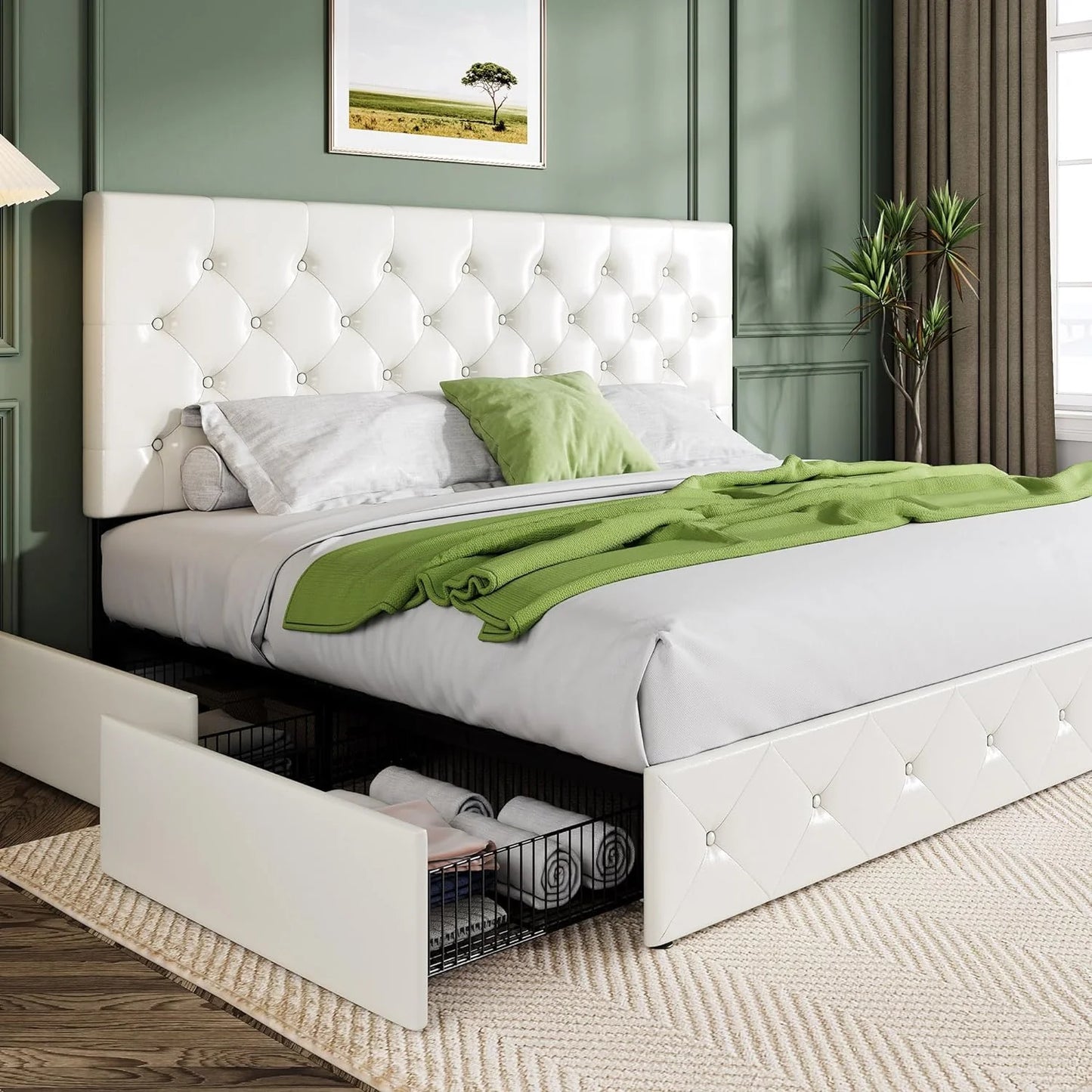 Allewie Upholstered Queen Size Platform Bed Frame with 4 Storage Drawers and Headboard, Square Stitched Button Tufted, Mattress Foundation with Wooden Slats Support, No Box Spring Needed