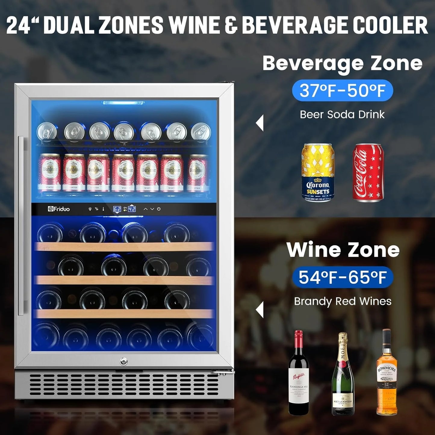 24 inch Dual Zone Beverage Refrigerator, 30 Bottles & 82 Cans Wine Fridge Built-in or Freestanding with Glass Door, Wine and Beverage Refrigerator Cooler for Kitchen Home Bar