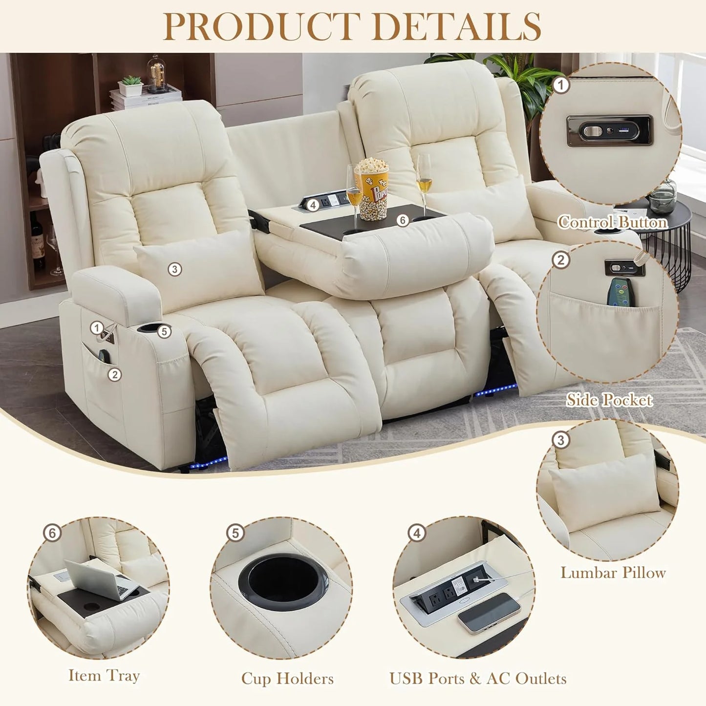 TUNYI Power Loveseat Recliner Sofa with Massage & Heat Home Theater Seating with Console Electric Recliner RV Sofa with USB/Outlet/Storage/Side Pocket/LED Light/Speaker (Brown, Loveseat)