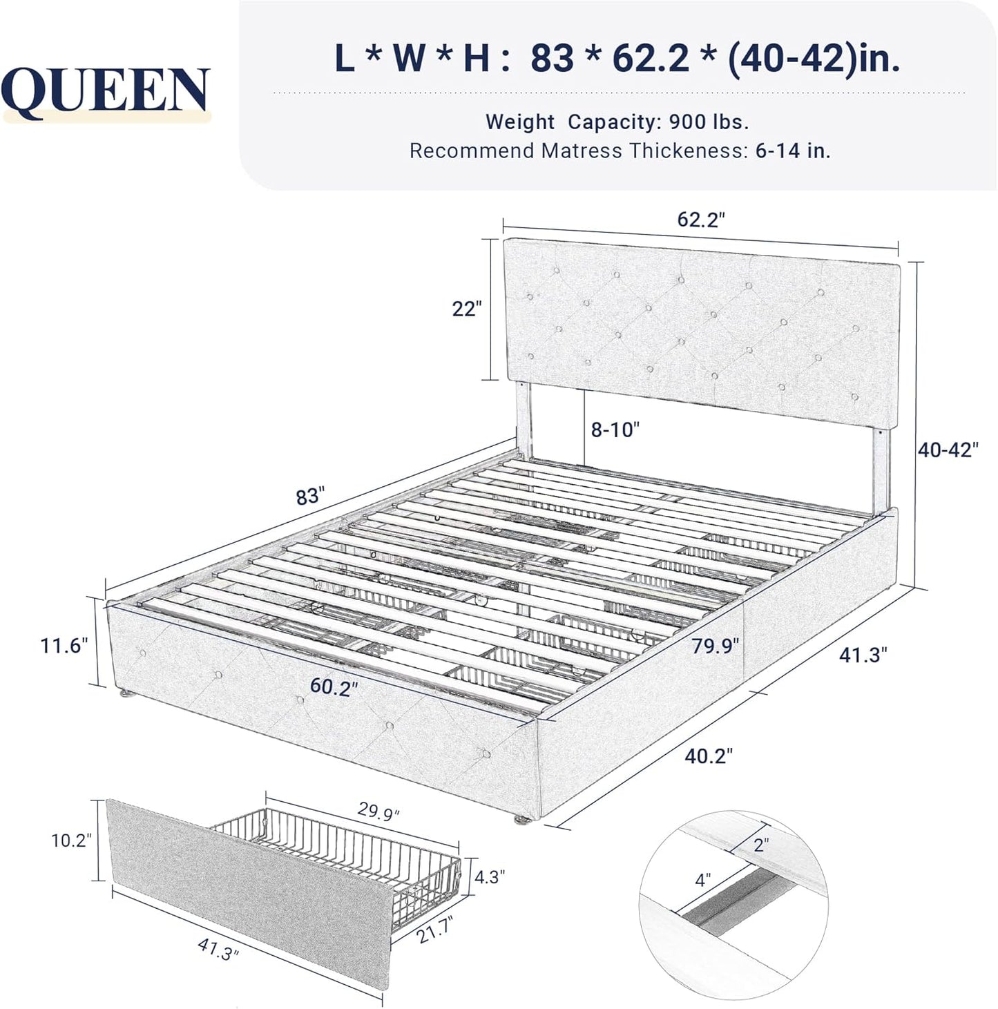 Allewie Upholstered Queen Size Platform Bed Frame with 4 Storage Drawers and Headboard, Square Stitched Button Tufted, Mattress Foundation with Wooden Slats Support, No Box Spring Needed
