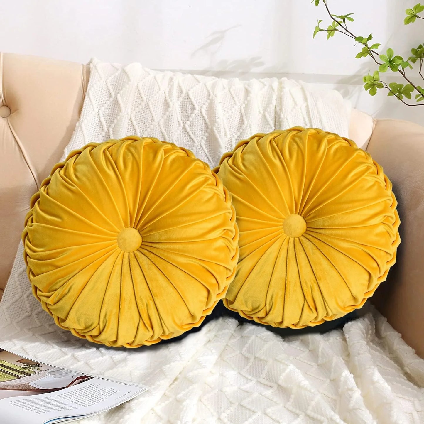 Set of 2 Decorative Round Pleated Throw Pillows