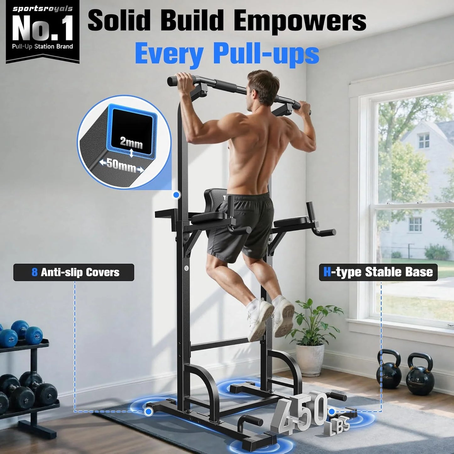 Sportsroyals Power Tower Pulp Up Bar Station, 450 lbs stable suspended immersion tilt station