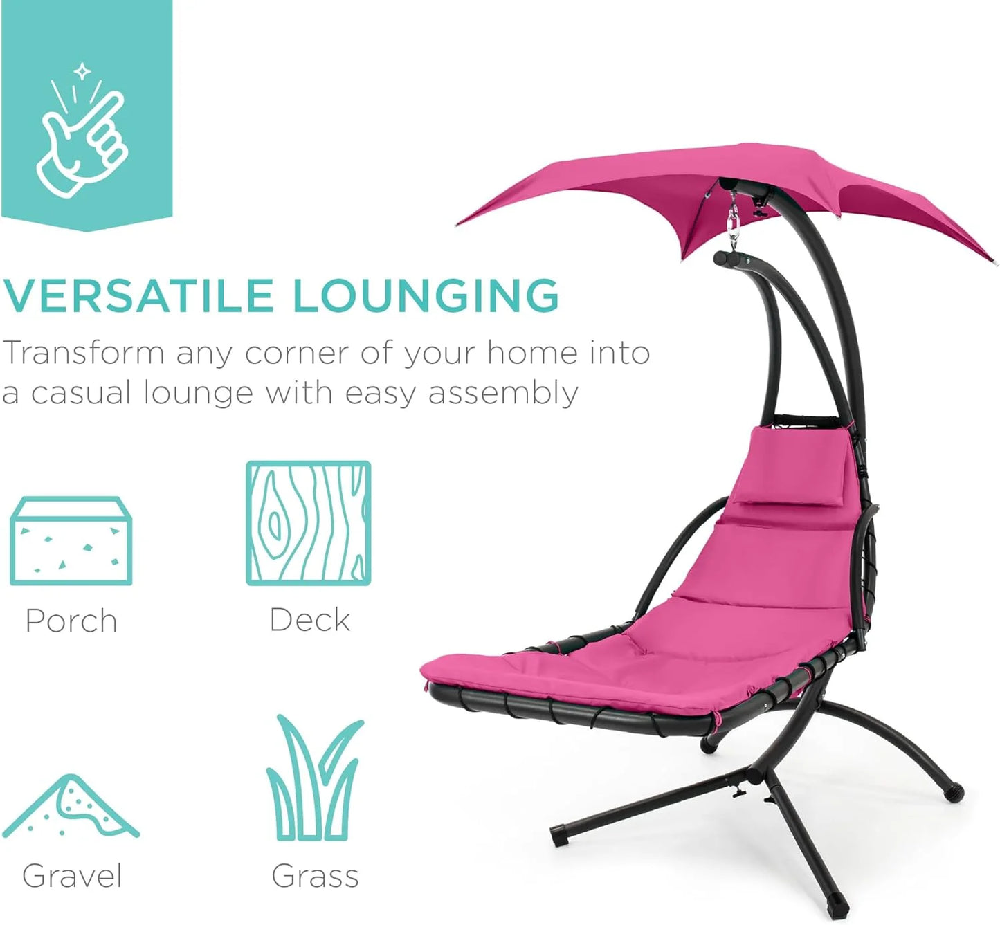 Best Choice Products Outdoor Hanging Curved Steel Chaise Lounge Chair Swing w/Built-in Pillow and Removable Canopy - Teal