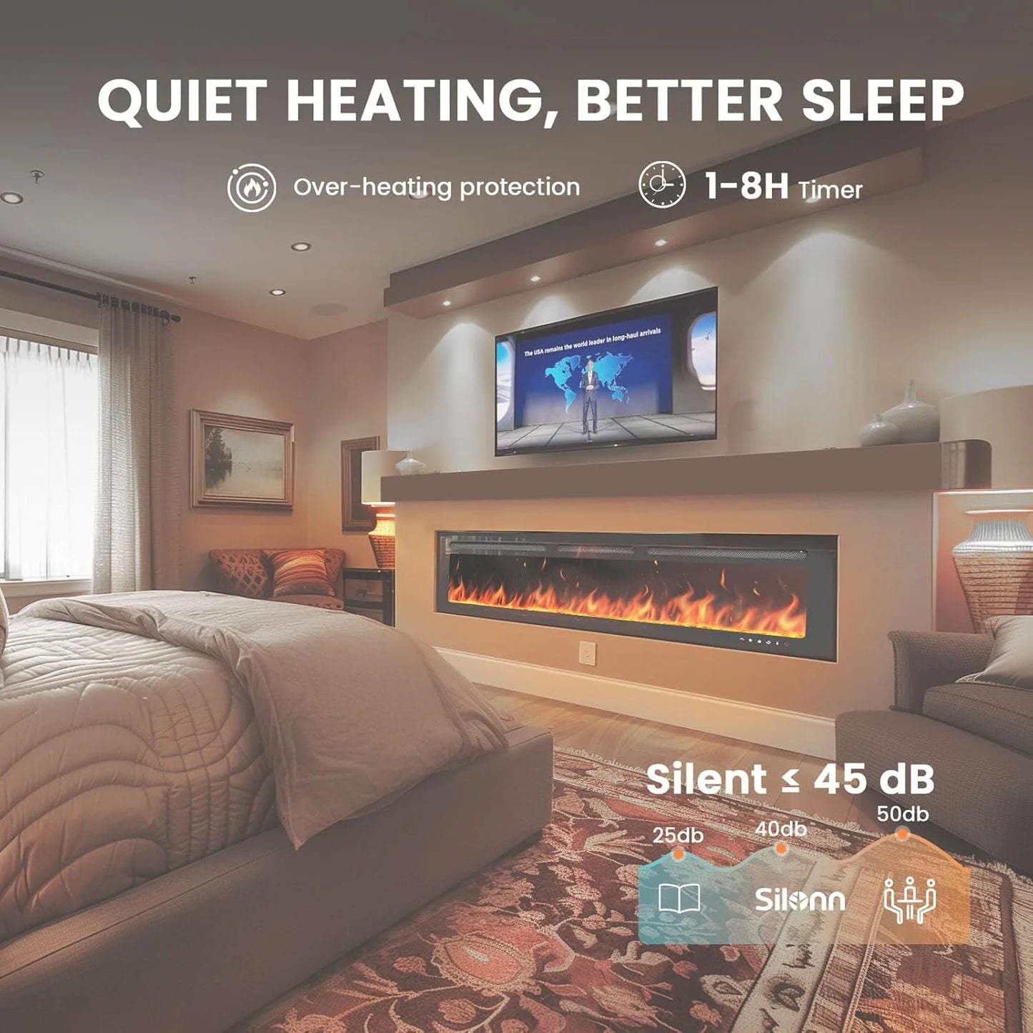 50" Smart Electric Fireplace 5300 BTU Heat Output, Ultra-Slim Wall-Mount or Built-In Electric Fireplace