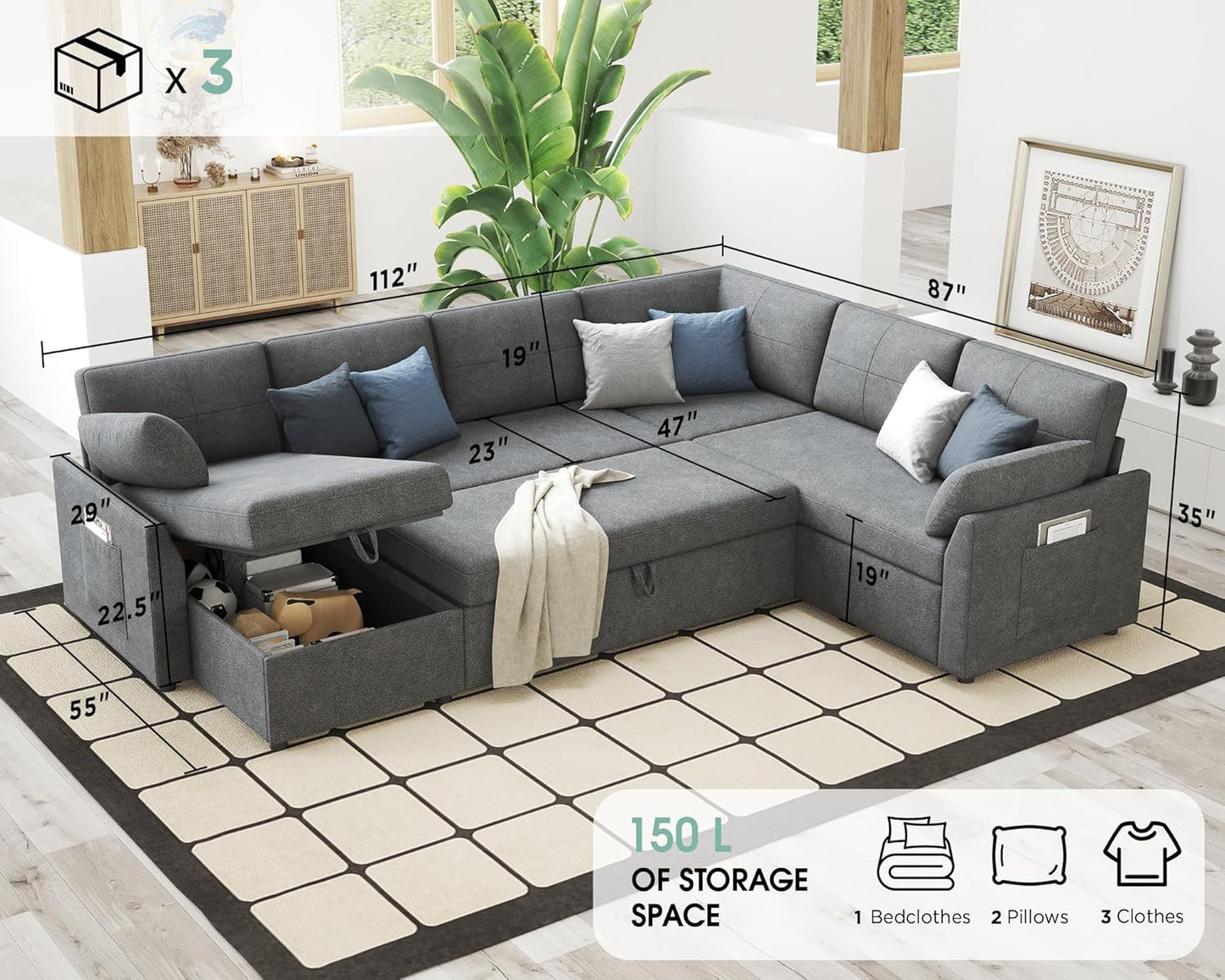 VanAcc Sofa Bed, Sleeper Sofa with Storage Chaise- 2 in 1 Pull Out Couch Living Room, Comfy Sleeper Couch
