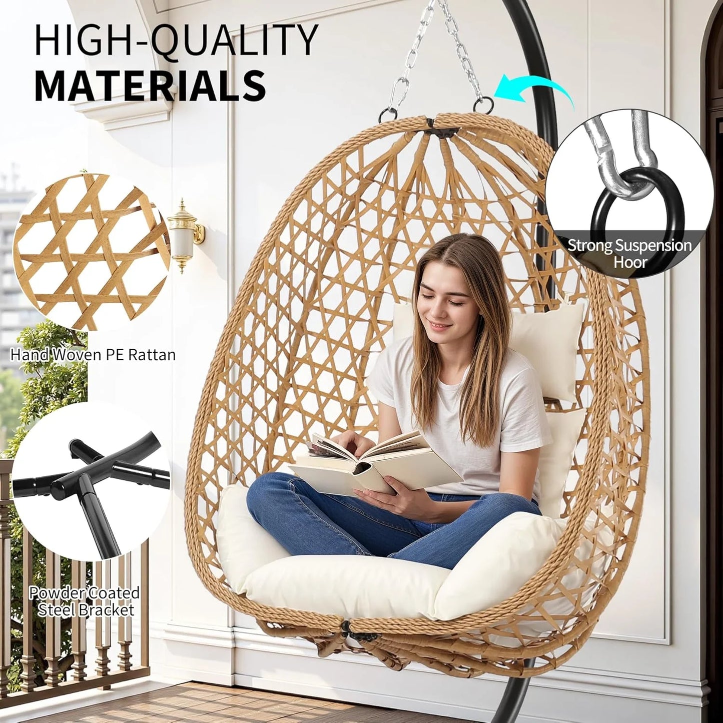 Egg Chair with Stand, Patio Wicker Hanging Chair, Hammock Swing Chair, 350LBS Capacity for Bedroom, Balcony, Garden
