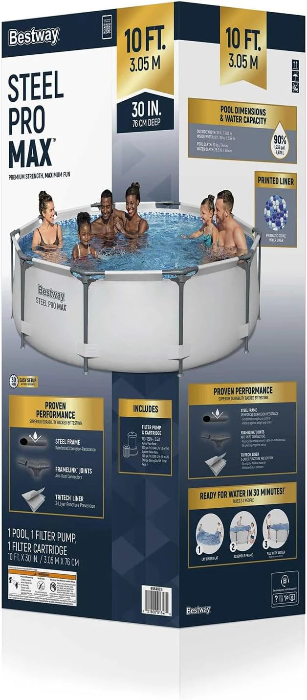 Steel Pro MAX 10 Foot x 30 Inch Round Metal Frame Above Ground Outdoor Backyard Swimming Pool Set with 330 GPH Filter Pump