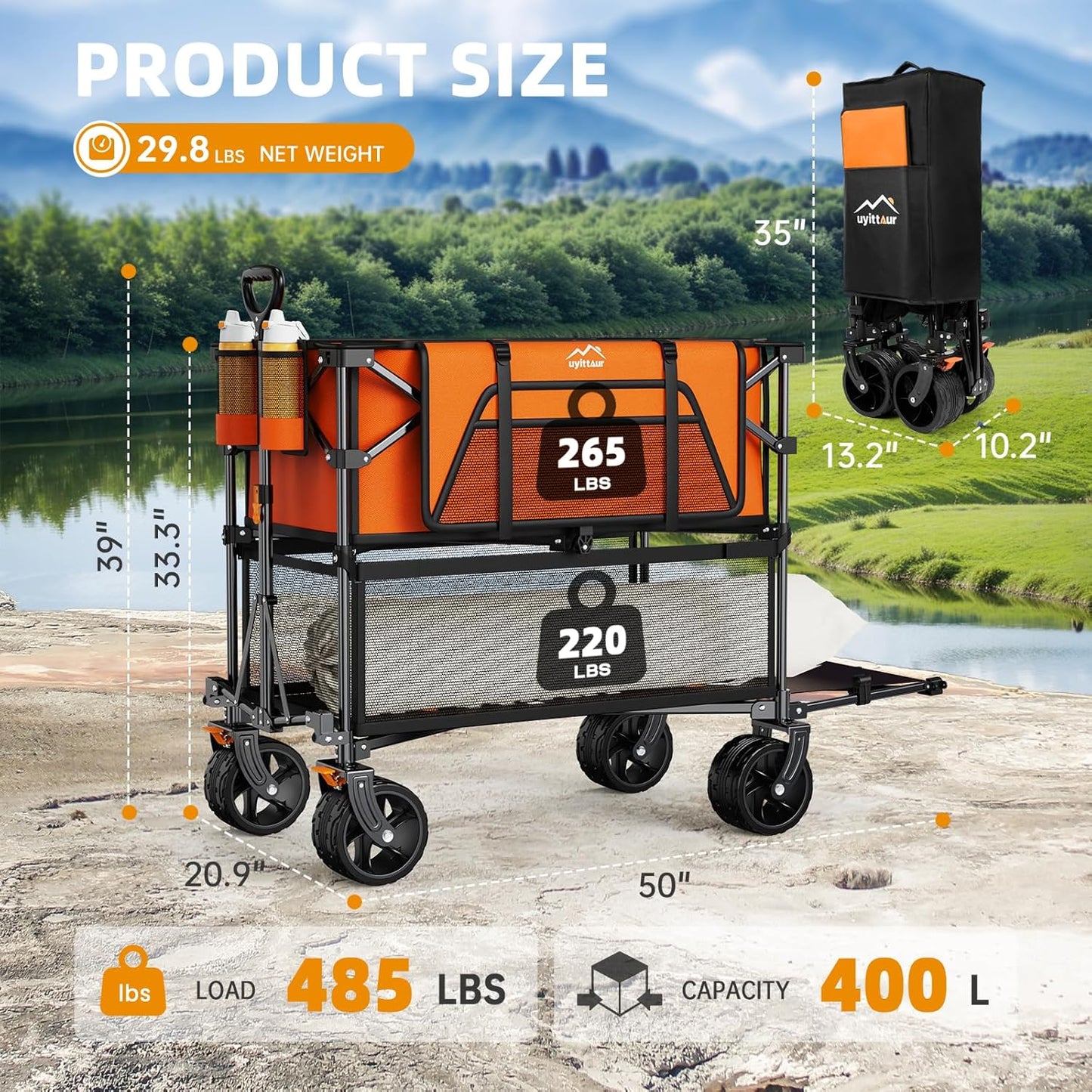 Foldable 50''L Extra Long Double Decker Wagon for Sport, 400L Collapsible Heavy Duty Wagon Cart with Big Wheels, Utility All-Terrain Large Extender Cart for Outdoors