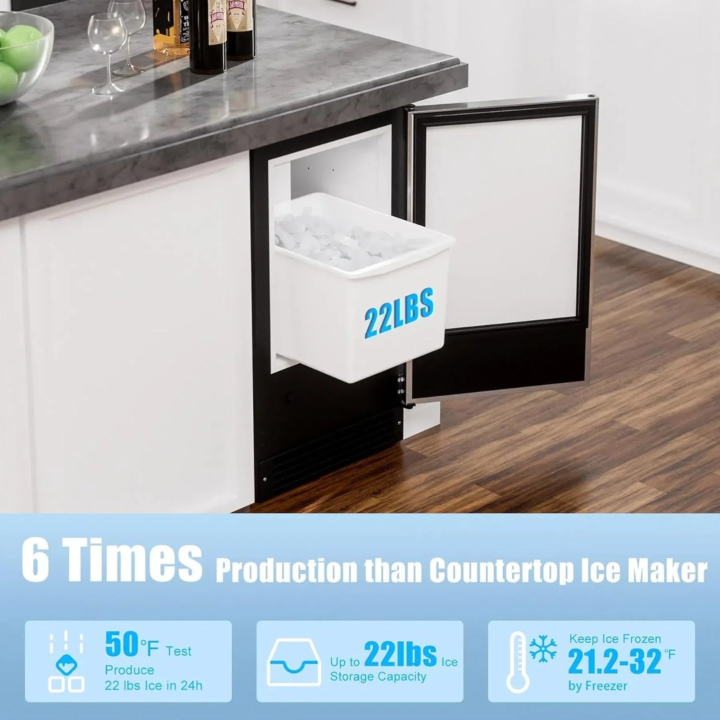 COTLIN 15" W Drainless Under Counter Ice Maker with 22LBS Storage Bin, Crescent Ice, Free Standing Built-in Ice Maker for Residential Commercial Use, No Drain Required, ETL Approved, 2025 Upgraded