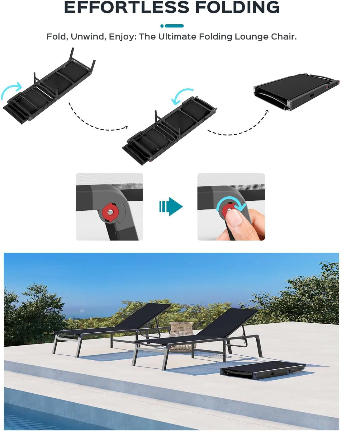 Aluminum Chaise Lounge Ourdoor - Foldable & Assemble Free Outdoor Lounge Chair with 5 Adjustable Backrest, Patio Lounge Chair for Outside Poolside Beach Pool, Black