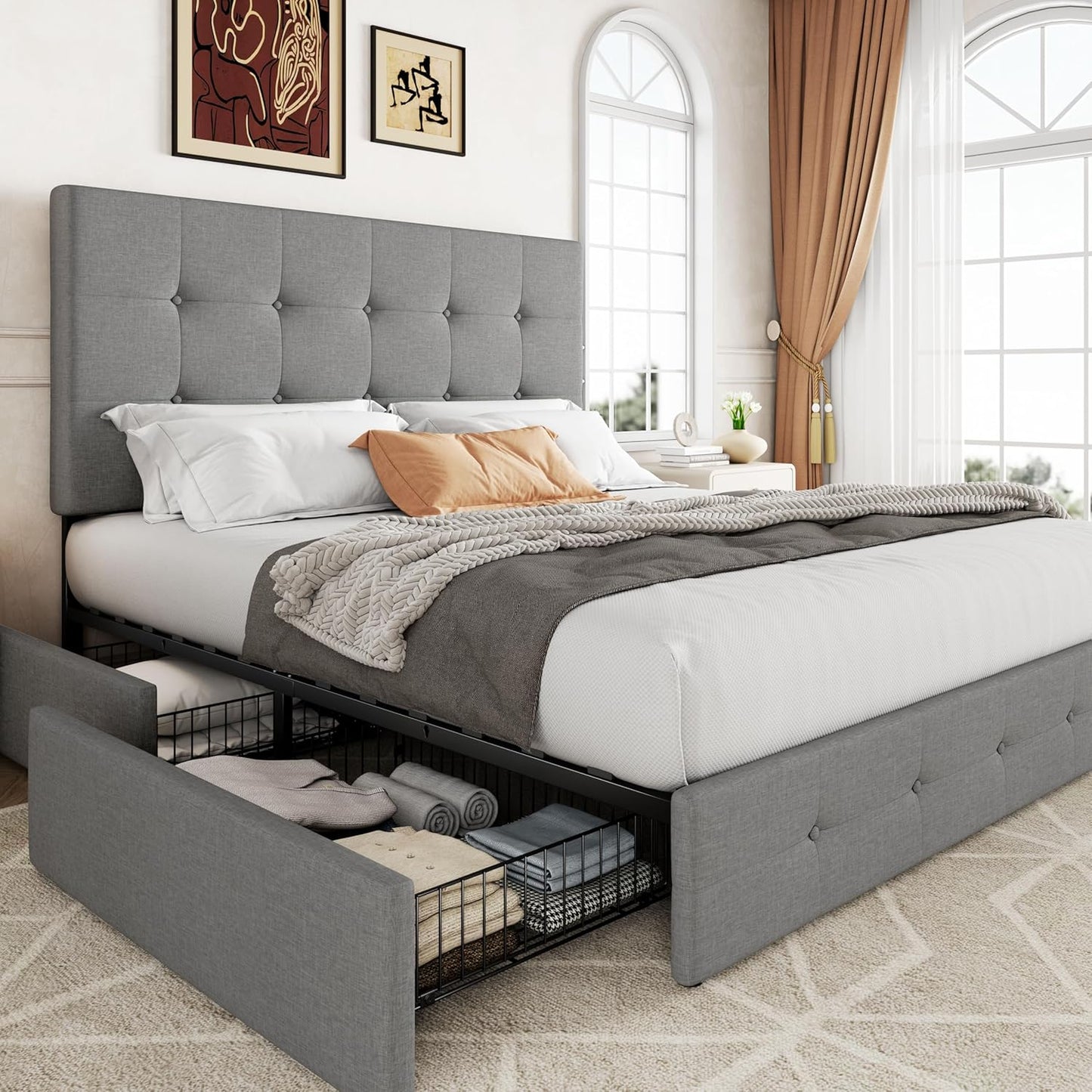 Allewie Upholstered Queen Size Platform Bed Frame with 4 Storage Drawers and Headboard, Square Stitched Button Tufted, Mattress Foundation with Wooden Slats Support, No Box Spring Needed