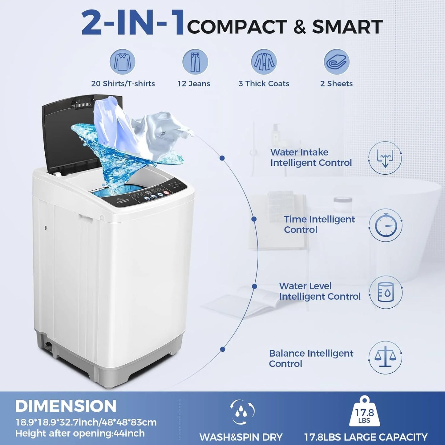 20Lbs Portable Washing Machine Nictemaw Portable Washer, 2.8 Cu.ft Washer and Dryer Combo with Drain Pump, 10 Programs 8 Water Level Compact Laundry Washer for Home, Apartment, RV, Dorms