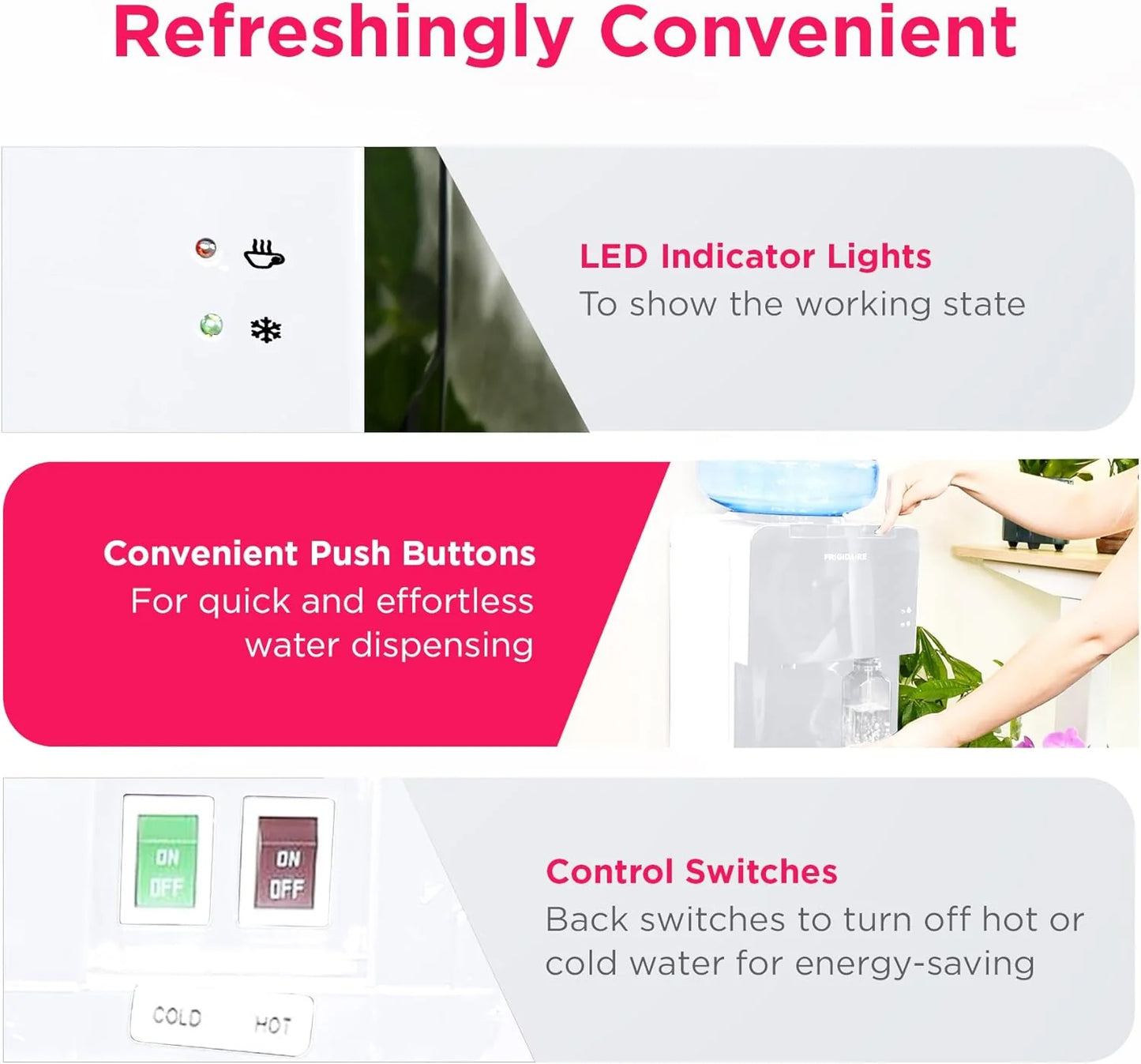 Frigidaire EFWC498 - Top Loading Cooler Dispenser -Hot & Cold Water - Child Safety Lock - Innovative Slim & Sleek Design, Holds 3 or 5 Gallon Bottles - Black