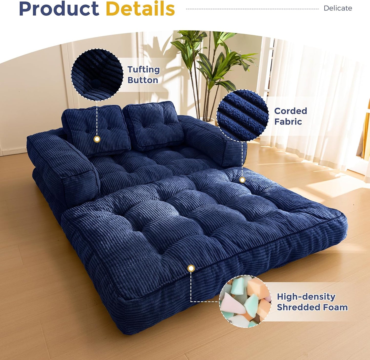 Folding Sofa Bed, L-Shaped Convertible Sofa Bed with Armrests and Pillows,