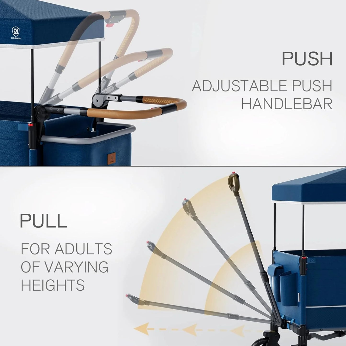 EVER ADVANCED Side-unzip Wagon Stroller for 2 Kids, Push Pull Stroller with Adjustable Handle, Easy Access Front Zipper Door, 5-Point Harness Removable UV-Protection Canopy Shock-Absorbing Wheels,Grey