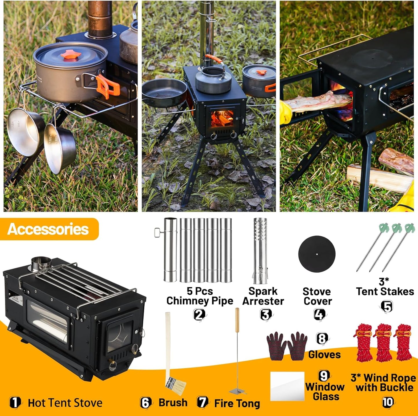 Hot Tent Stove Wood Stove, Small Wood Stove for Outdoor Heating and Cooking, Ice Fishing, Hunting