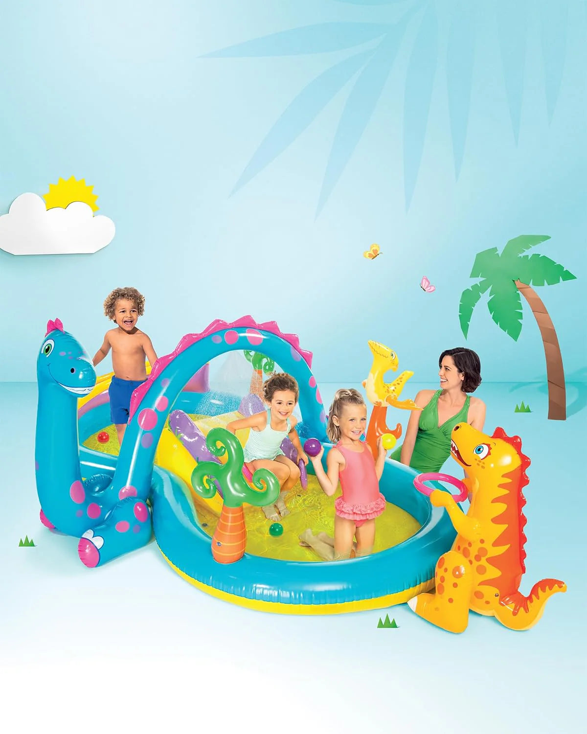 Intex 96" x 78" x 28" Inflatable Jungle Adventure Play Center Spray Kiddie Pool - Backyard Kids Water Slide, Outdoor Blow-Up Splash Pad for Toddlers