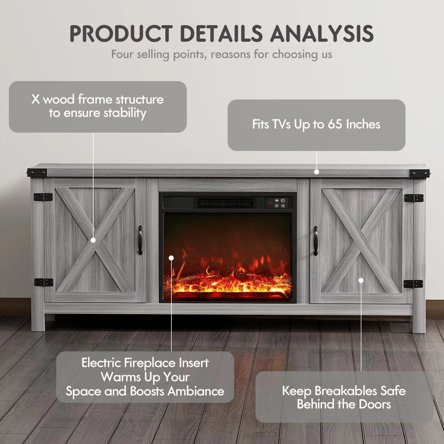 YESHOMY Fireplace TV Stand with Two Barn Doors and Storage Cabinets for Televisions up to 65+ Inch, Entertainment Center Console Table, Media Furniture for Living Room, 58 Inch