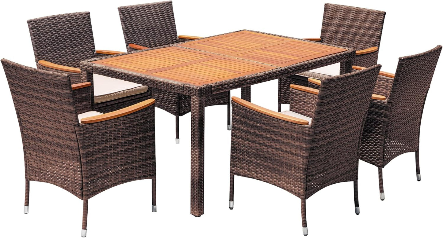 Devoko Dining 7 PCS Furniture, Patio Conversation Set with Acacia Wood Table Top, Rattan Outdoor, Black