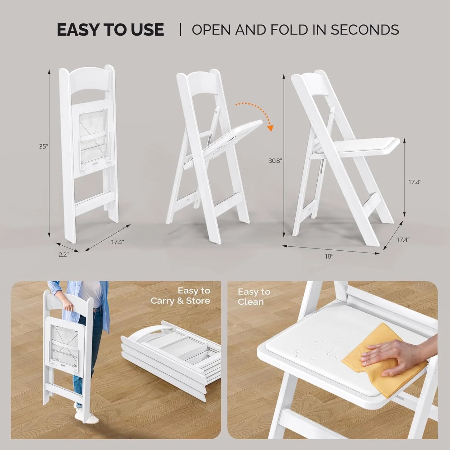 VINGLI Resin Folding Chair with Cushion Foldable Plastic Chair with Comfortable Cushioned Seat