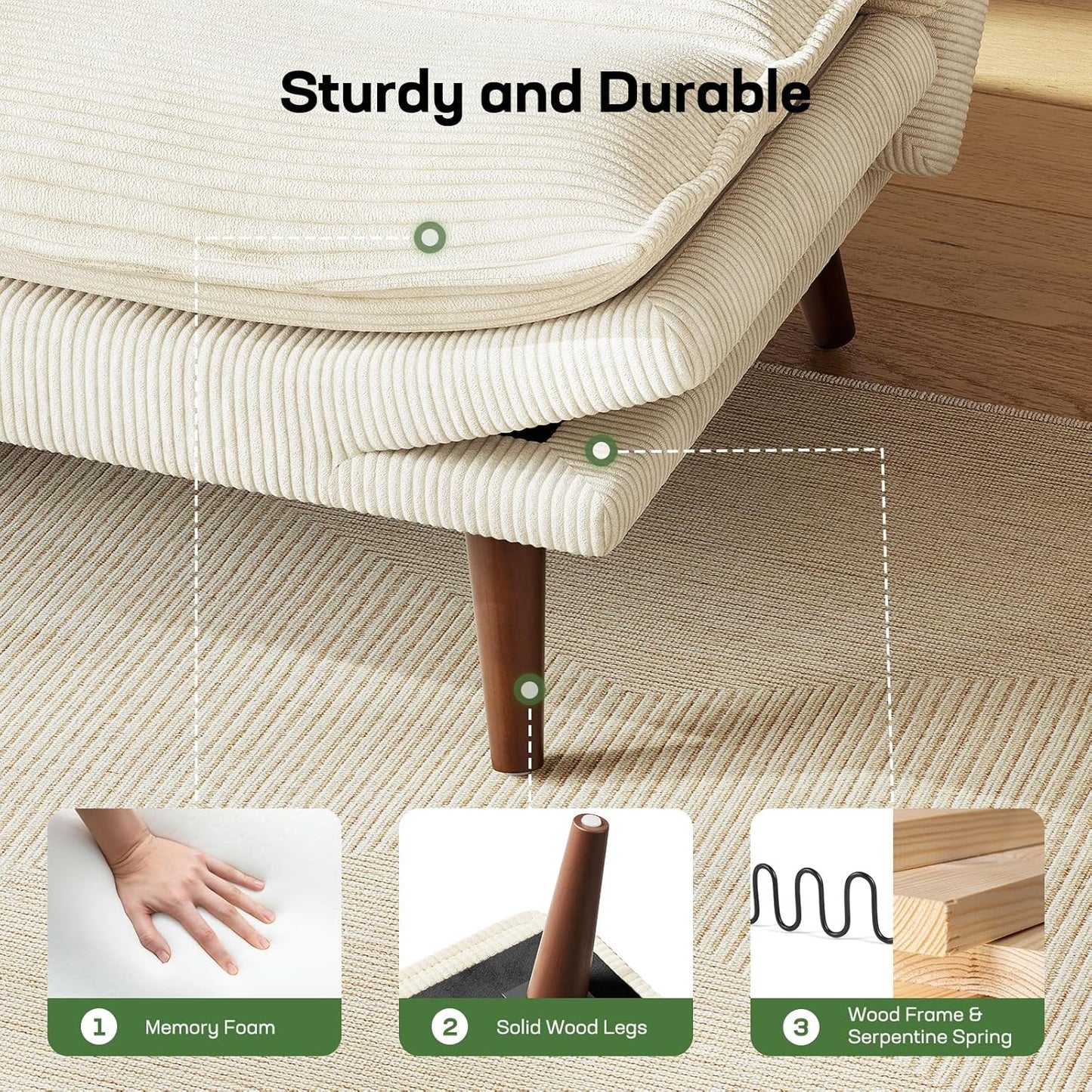 Futon Sofa Bed, Futon Sofa with Adjustable Back and Armrests, Converts to Small Sleeper Sofa Bed Corduroy Loveseat Green