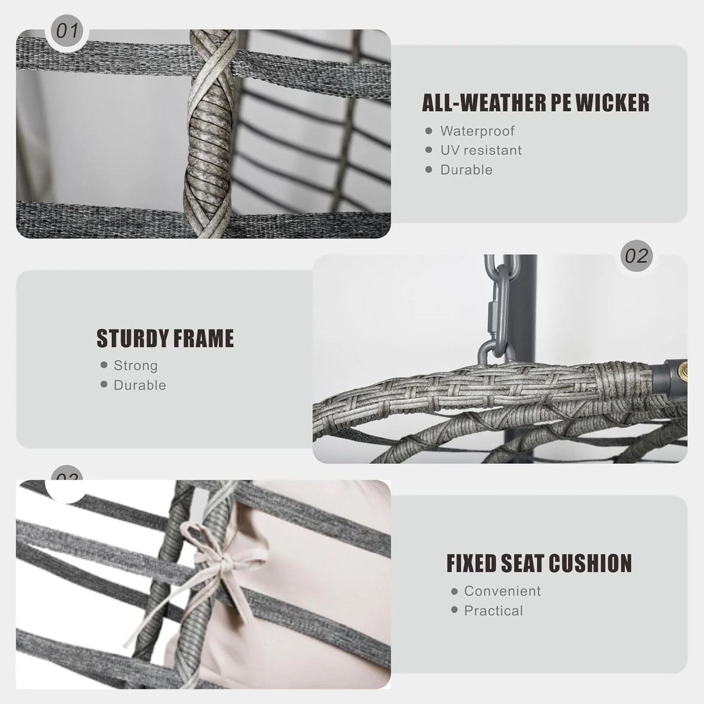 HWB Hanging Egg Chair with Stand, Patio Wicker Hammock Egg Swing Chair with Cushion for Bedroom Garden Indoor Outdoor (Beige)