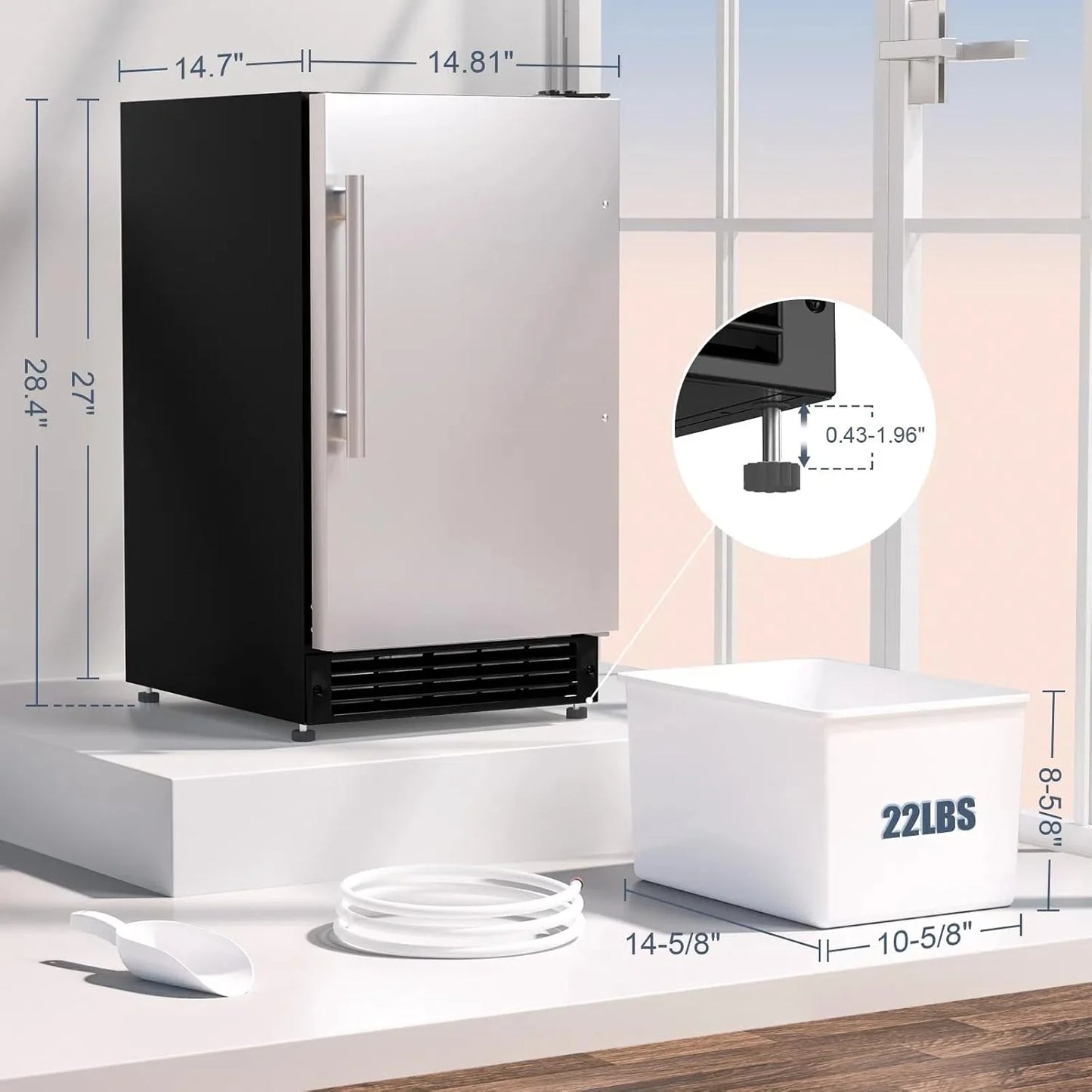 COTLIN 15" W Drainless Under Counter Ice Maker with 22LBS Storage Bin, Crescent Ice, Free Standing Built-in Ice Maker for Residential Commercial Use, No Drain Required, ETL Approved, 2025 Upgraded