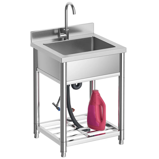 Stainless Steel Utility Sink, Free Standing Single Bowl Kitchen Sink with Cold and Hot Water Faucet, Commercial Sink for Restaurant Bar Cafe and Hotel, Indoor and Outdoor Sink, 21.7 in