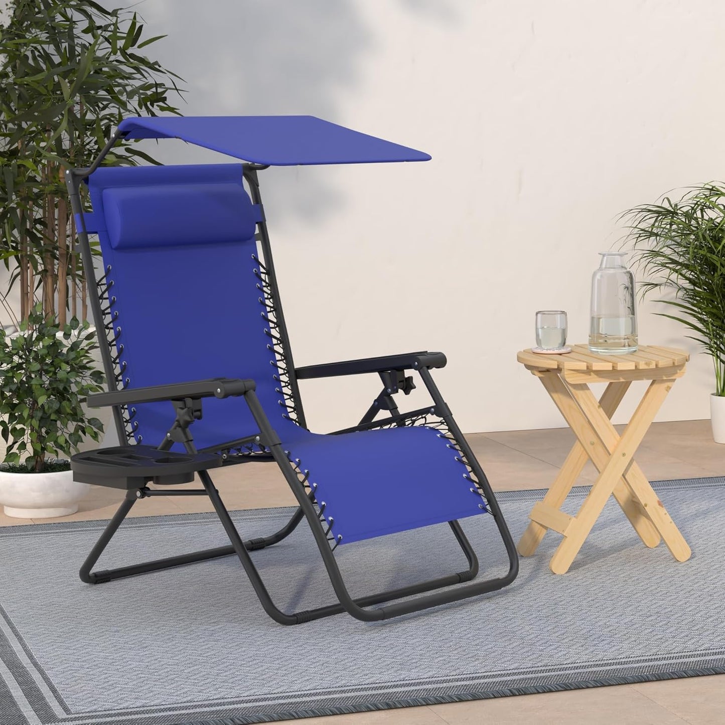 Best Choice Products Folding Zero Gravity Outdoor Recliner Patio Lounge Chair w/Adjustable Canopy Shade, Headrest, Side Accessory Tray, Textilene Mesh - Peacock Blue