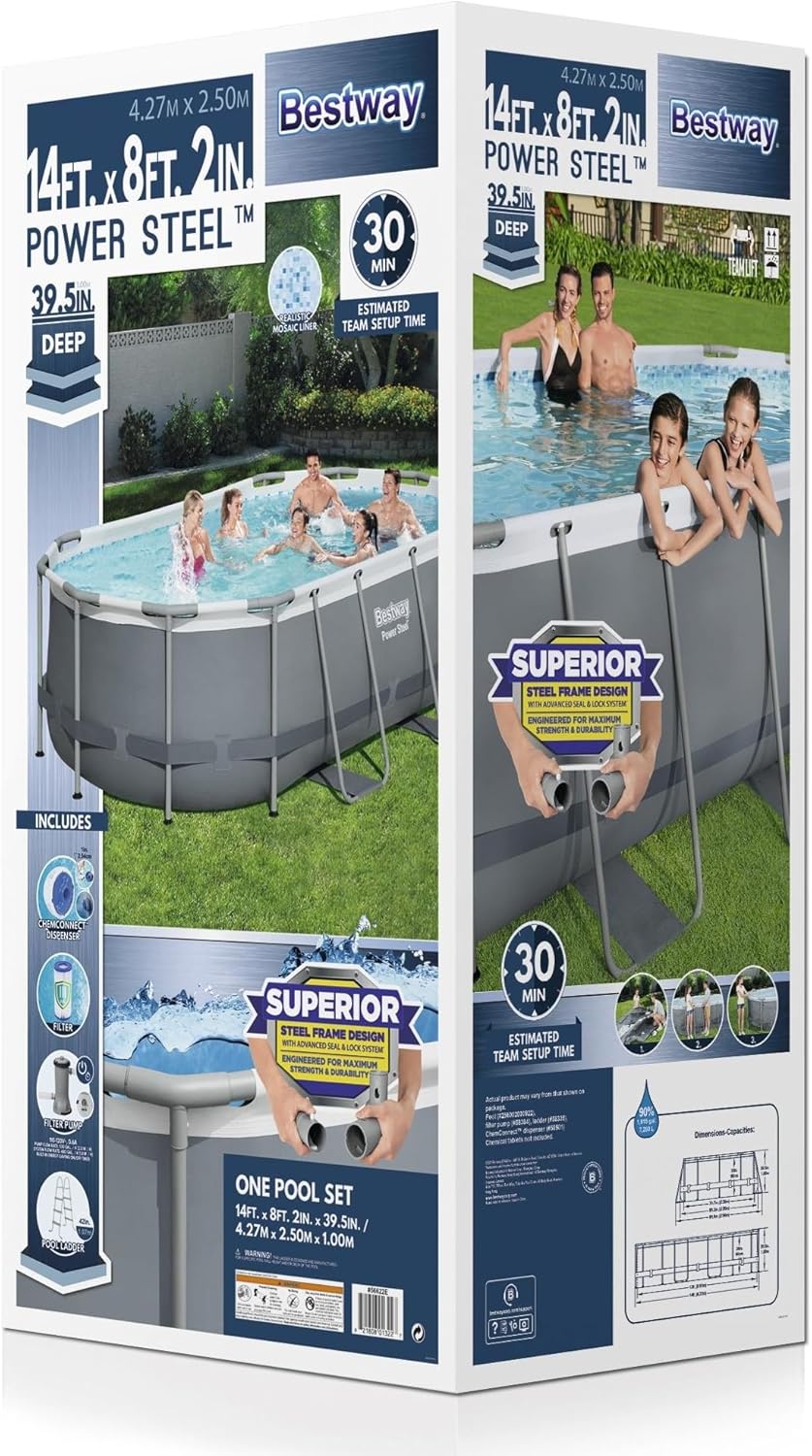 Power Steel 14' x 8'2" x 39.5" Oval Above Ground Pool Set | Includes 530gal Filter Pump, Ladder, ChemConnect Dispener