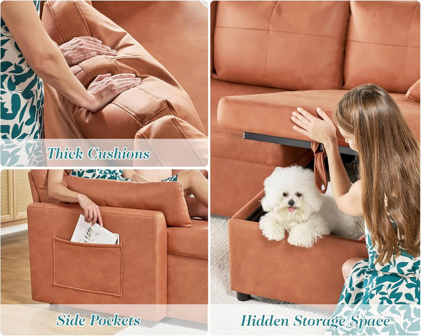 VanAcc Sofa Bed, Sleeper Sofa with Storage Chaise- 2 in 1 Pull Out Couch Living Room, Comfy Sleeper Couch