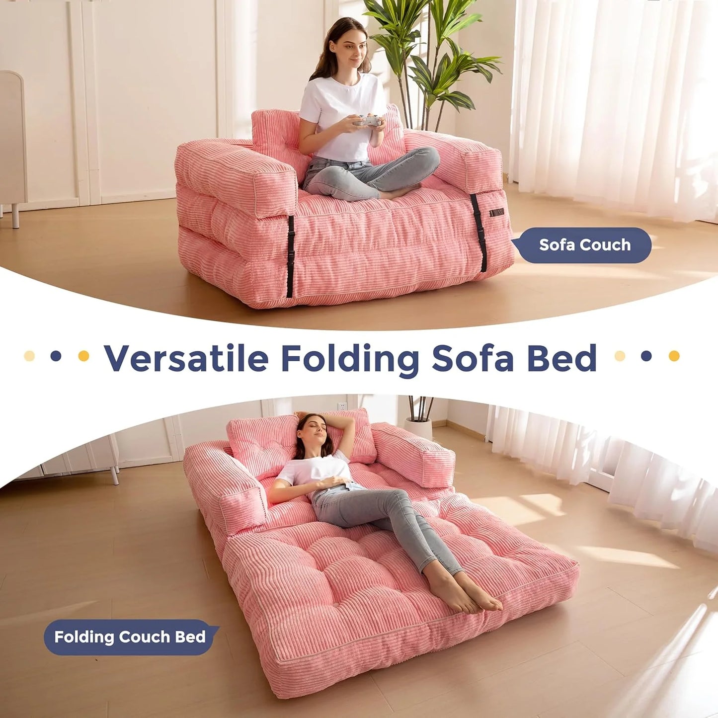 Folding Sofa Bed, L-Shaped Convertible Sofa Bed with Armrests and Pillows,