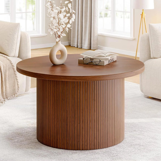 31.5 inch round coffee table, living room roll-up coffee table, mid-century modern wood coffee table