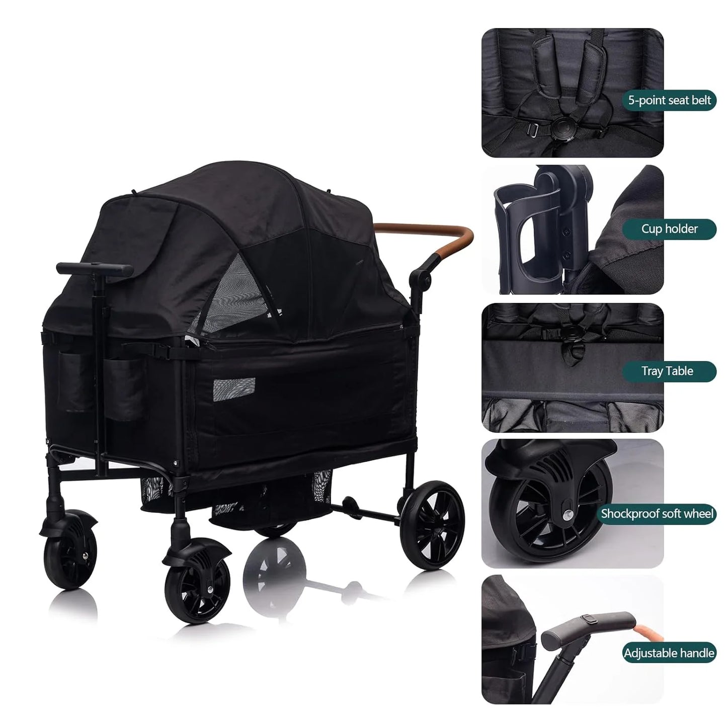 Wagon Stroller for 2 Kids & Cargo-Travel Stroller Push-Pull Double Wagon Lightweight Folding Stroller for Newborn&Toddler with 5-Point Harness,Adjustable Handle Bar and Canopy,Tray Table,Cup Holder