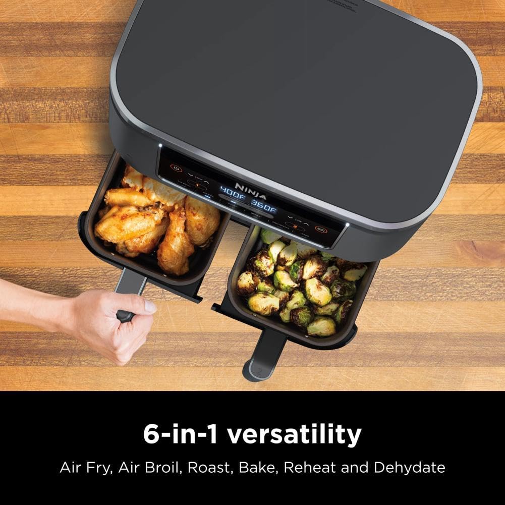 Ninja Foodi 6-in-1 FlexBasket Air Fryer with 7-QT MegaZone & Basket Divider for Large Proteins & Full Meals, Smart Finish Cook 2 Foods 2 Ways, Family Sized Capacity, Air Fry, Roast & More