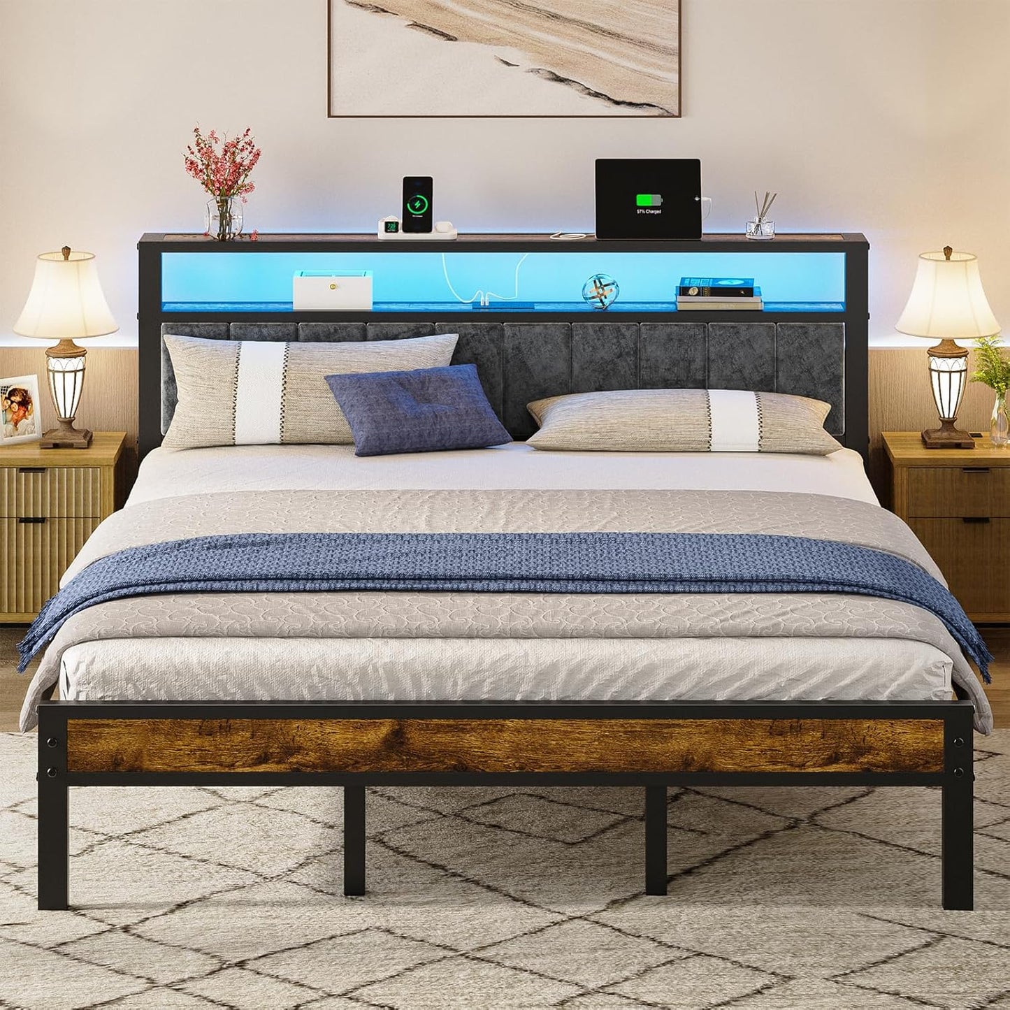 Queen Size Bed Frame with 2-Tier Storage Shelves Headboard, Platform Bed with Charging Station, LED Lights No Box Spring Needed Noise Free