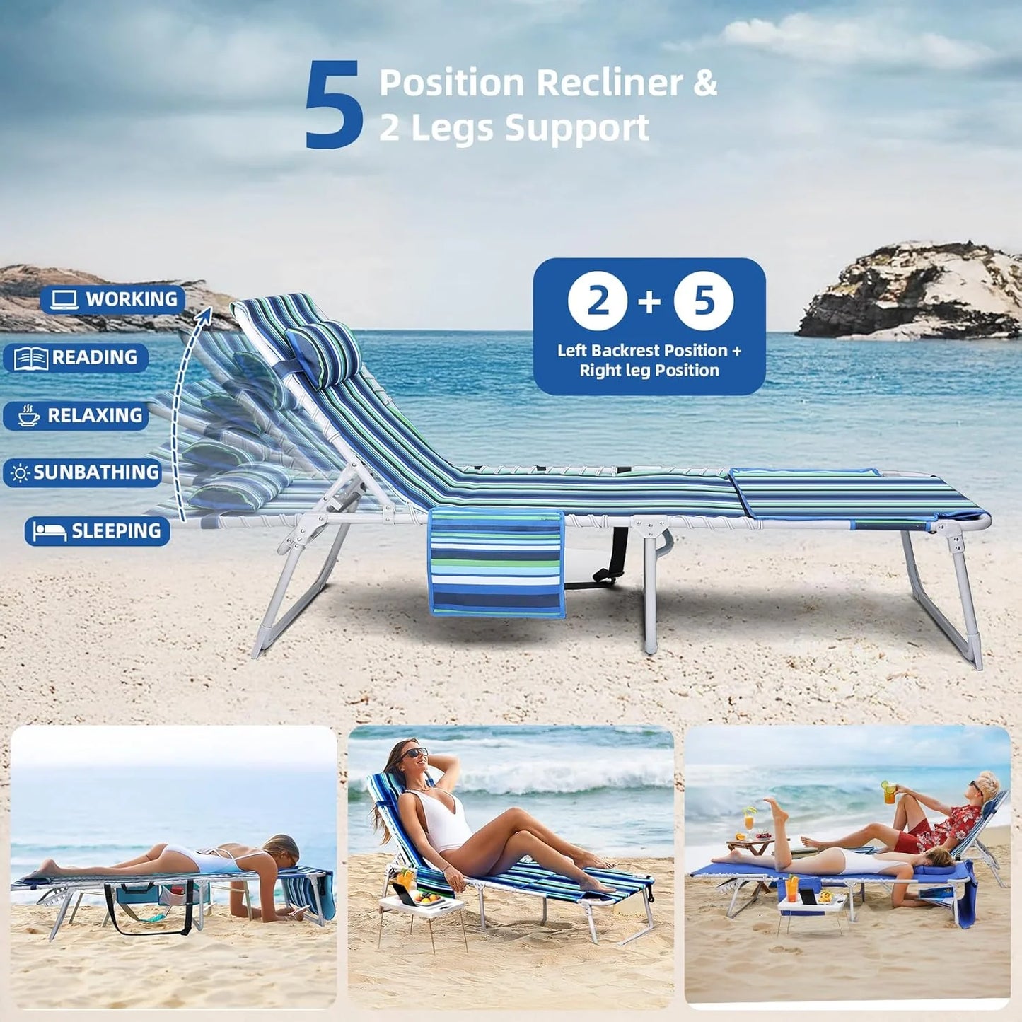 3-in-1 Beach Chair Face Holes Lounge Chair Outdoor with Folding Side Table 5-Position Recliner, Lay Flat Removable Pillow Heavy Duty, Max 330lbs, Poolside, Patio, Camping Backyard Striped Blue