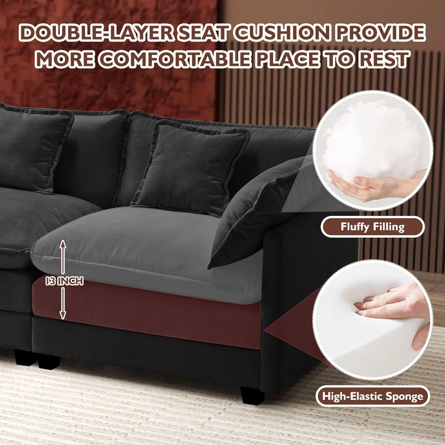 111.4 Inch L-Shaped Modern Sofa Modular Cloud Sofa with Ottoman, 4-Seater Chenille Deep Seat Sofa with Pillows for Living Room, Bedroom and Apartment, Beige