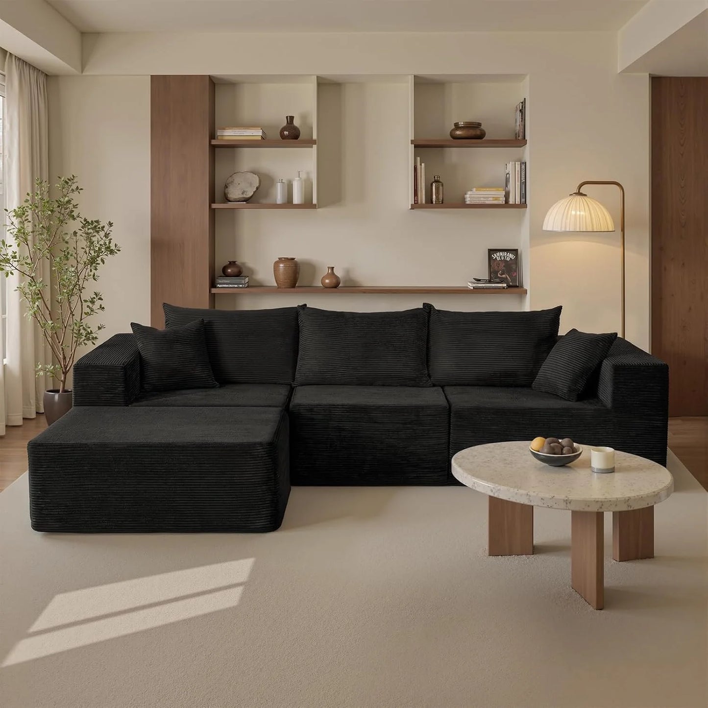 Cloud sofa with L-shaped lounge chair, modern modular sofa with deep seats