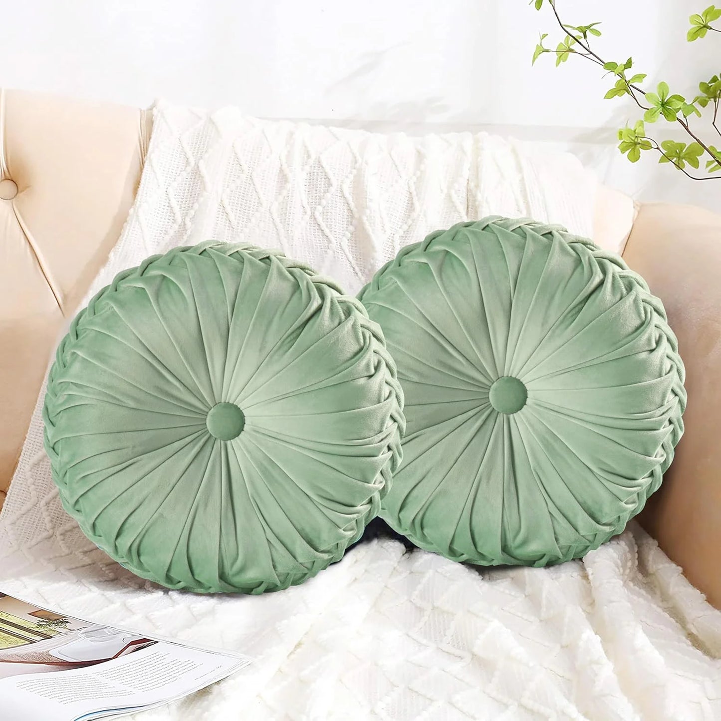 Set of 2 Decorative Round Pleated Throw Pillows