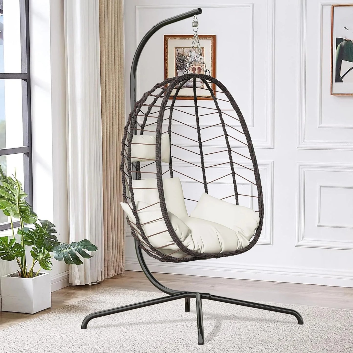 Hanging Egg Chair with Stand, Swinging Egg Chair Outdoor Indoor, Hanging Basket Chair with Cushion, Patio Wicker Hammock Chair 350lbs Capacity for Bedroom, Balcony, Backyard, Garden (Grey)