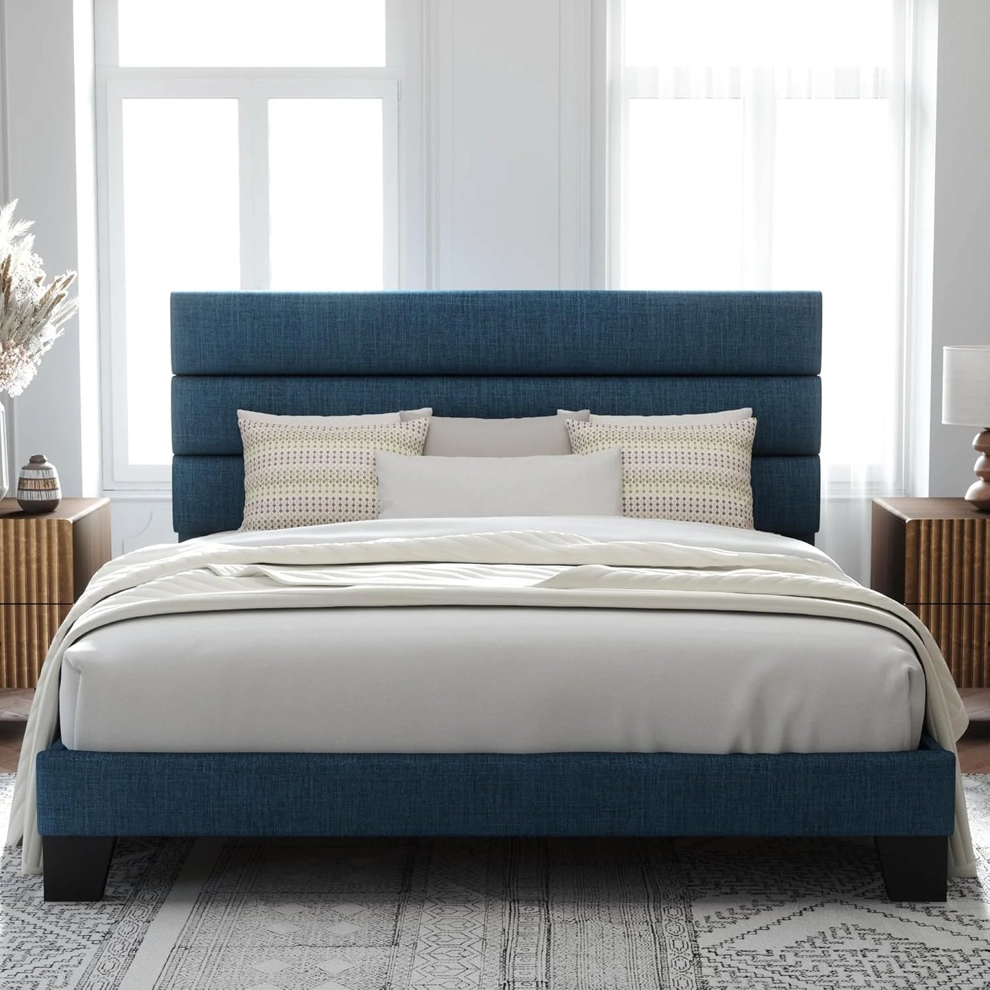 Allewie Queen Size Platform Bed Frame with Fabric Upholstered Headboard and Wooden Slats Support, Fully Upholstered Mattress Foundation/No Box Spring Needed