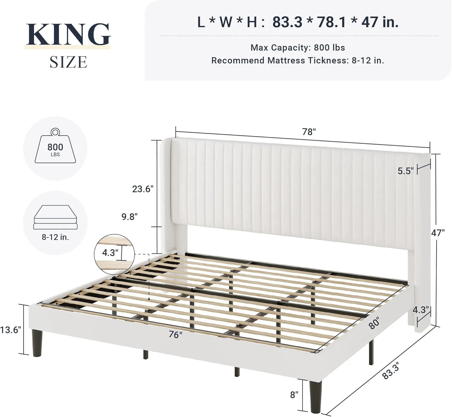 Allewie Full Size Velvet Bed Frame/Vertical Channel Tufted Wingback Headboard/Upholstered Platform Bed/Strong Wooden Slats/No Box Spring Needed/Easy Assembly/White
