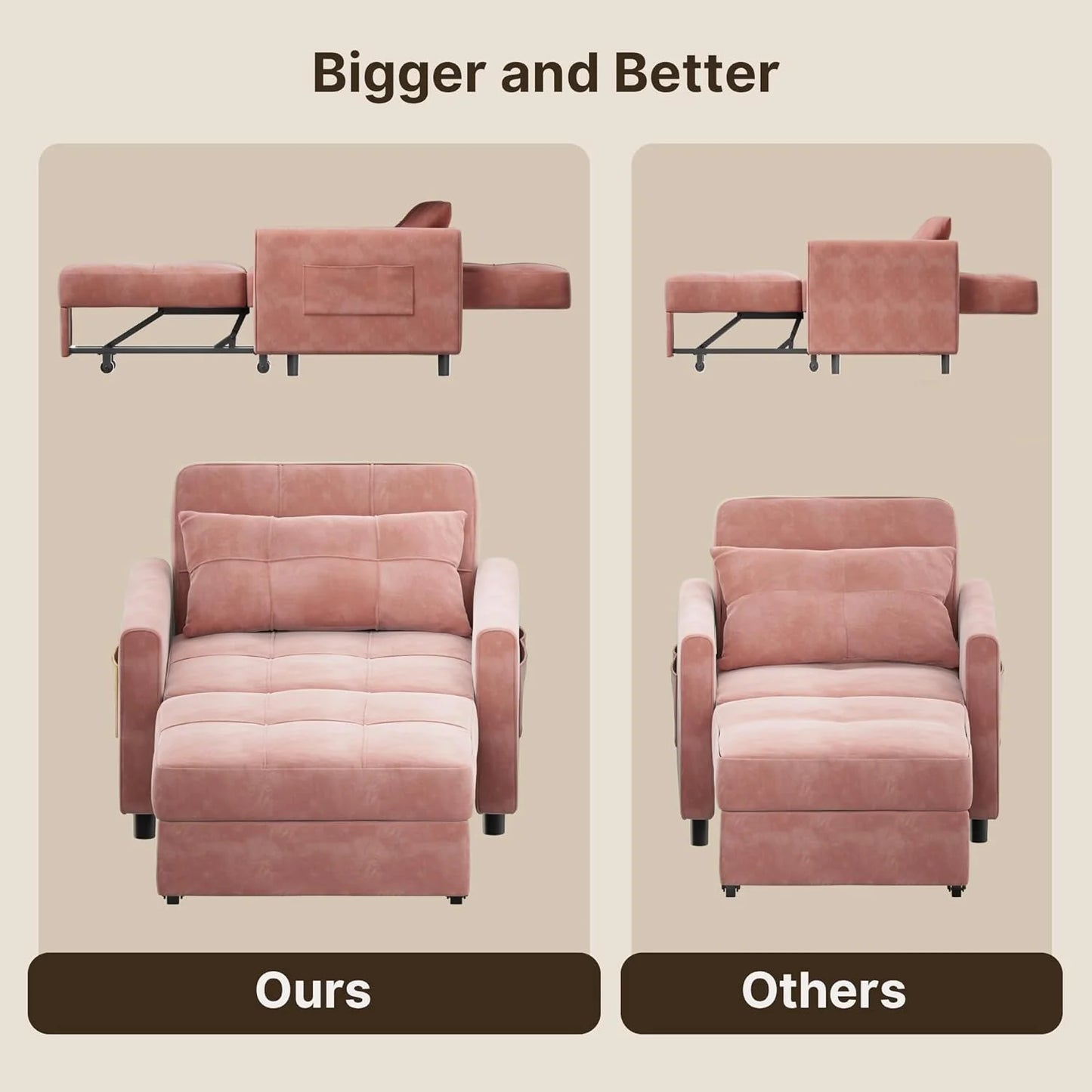 Sofa Bed Chair 3 in 1 Convertible, Pullout Single Sleeper Chair Bed with Adjustable Backrest, Spacious Multifunctional Sofa Couches