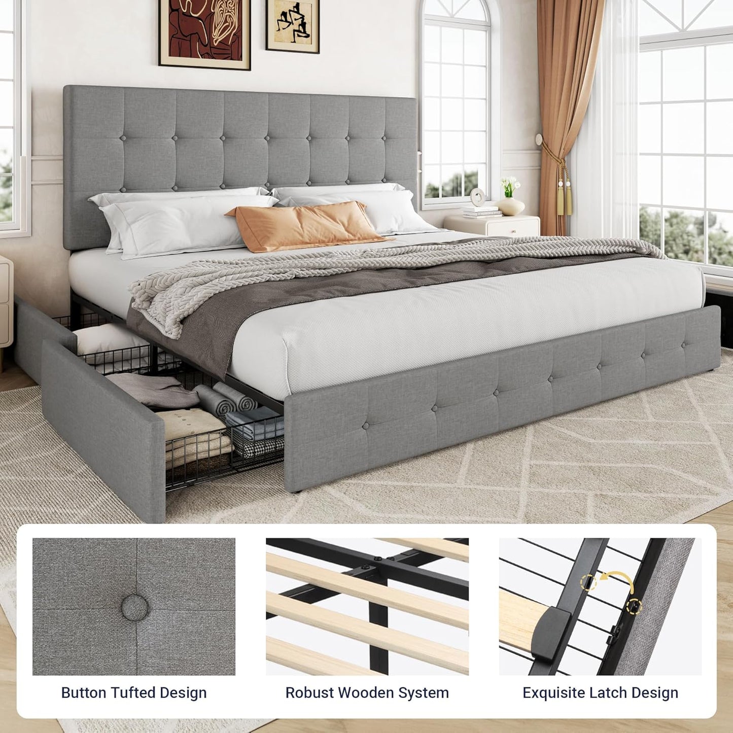 Allewie Upholstered Queen Size Platform Bed Frame with 4 Storage Drawers and Headboard, Square Stitched Button Tufted, Mattress Foundation with Wooden Slats Support, No Box Spring Needed