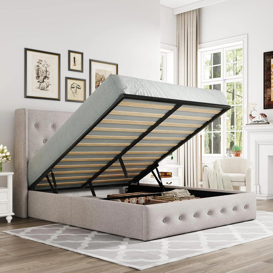 Allewie Queen Size Lift Up Storage Bed, Modern Wingback Headboard, Hydraulic Support, No Box Spring Needed, Light Beige