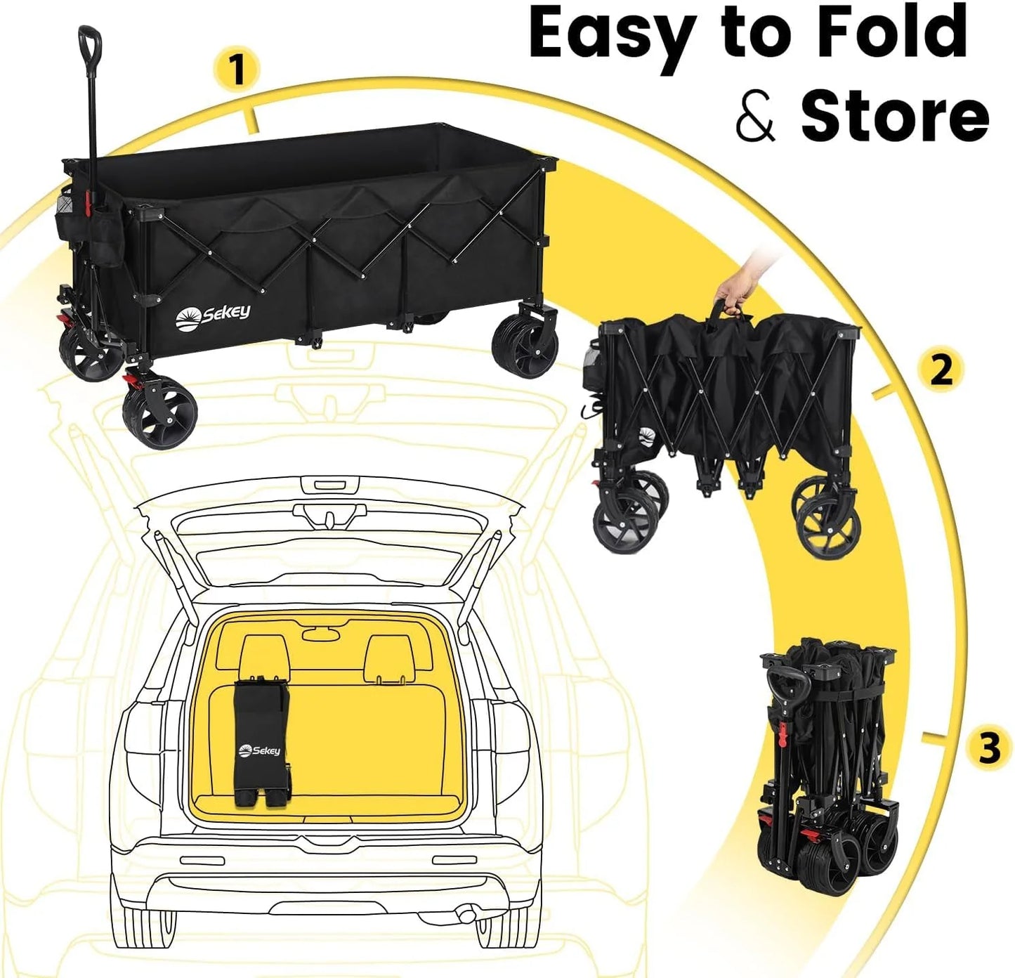 Sekey 48 Inch Long Foldable Extended Travel Cart, 440 Lbs Load Capacity, Heavy Duty 300 Liter Folding Multi-Purpose Garden Cart